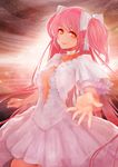  blush breasts dress kaname_madoka large_breasts looking_at_viewer mahou_shoujo_madoka_magica orange_eyes pink_hair smile solo spoilers sunlight two_side_up ultimate_madoka white_dress yaoya_musuko 