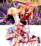  3girls absurdres blue_hair breasts female fire_fire_fire glasses highres large_breasts long_hair maid maid_outfit multiple_girls official_art pink_hair purple_eyes satou_shouji short_hair yellow_eyes 