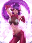  arm_up armpits collarbone elbow_gloves gloves headphones lips long_hair looking_at_viewer midriff navel pants pepper_project pointing pointing_at_viewer pose purple_eyes purple_hair signature smile solo stanley_lau sunglasses tank_top very_long_hair 