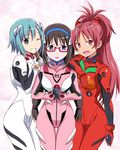  akemi_homura ayanami_rei ayanami_rei_(cosplay) ayukko_(forest_village) black_hair blue_eyes blue_hair blush bodysuit braid cosplay evangelion:_3.0_you_can_(not)_redo glasses gloves hair_bobbles hair_ornament hairband highres long_hair look-alike looking_at_viewer mahou_shoujo_madoka_magica makinami_mari_illustrious makinami_mari_illustrious_(cosplay) miki_sayaka multiple_girls neon_genesis_evangelion one_eye_closed open_mouth pink_bodysuit plugsuit purple_eyes rebuild_of_evangelion red_eyes red_hair sakura_kyouko shikinami_asuka_langley shikinami_asuka_langley_(cosplay) short_hair simple_background smile souryuu_asuka_langley souryuu_asuka_langley_(cosplay) twin_braids white_background white_bodysuit wide_ponytail 