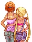 alternate_hairstyle arm_around_waist back bandeau blonde_hair body_writing brown_hair camisole casual chuunibyou_demo_koi_ga_shitai! dekomori_sanae denim facing_away from_behind hair_bun hair_up hand_on_another's_shoulder hand_on_hip icl insult jeans long_hair multiple_girls nape nibutani_shinka orange_hair overalls pants side-by-side simple_background strap_slip strapless sun_tattoo tan tanline translated twintails very_long_hair white_background 