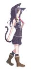  animal_ears bell bell_collar black_hair blue_eyes boots cat_ears cat_tail collar holding kneehighs long_hair mofu original simple_background skirt solo tail tupet walking white_background 