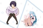  absurdres ahoge barefoot basket bicycle bikini bikini_skirt black_legwear blue_eyes blue_hair blush chuunibyou_demo_koi_ga_shitai! collarbone cosplay costume_switch crossover denpa_onna_to_seishun_otoko eyepatch ground_vehicle highres hu_sea long_hair mattress multiple_girls one_eye_closed short_hair star swimsuit takanashi_rikka thighhighs touwa_erio trait_connection 