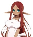  apron bare_shoulders blue_eyes blush collarbone dark_skin elf long_hair long_pointy_ears looking_at_viewer maid-chan_(maze) maze_(gochama_ze_gohan) naked_apron original pointy_ears red_hair simple_background smile solo white_background 