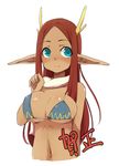  adjusting_clothes adjusting_swimsuit antlers aqua_eyes bikini blue_eyes blush breasts covered_nipples dark_skin dragon_girl horns large_breasts long_hair long_pointy_ears maid-chan_(maze) maze_(gochama_ze_gohan) monster_girl original pointy_ears red_hair simple_background smile solo swimsuit translated white_background 