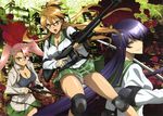  3girls absurdres brown_hair busujima_saeko female gun highres highschool_of_the_dead long_hair miyamoto_rei multiple_girls official_art open_mouth pink_hair purple_hair takagi_saya tanaka_masayoshi weapon weapons 