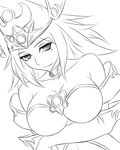  bare_shoulders breasts cleavage collarbone duel_monster gloves hat lineart long_hair magical_erudite_junon monochrome pataniito pataryouto yu-gi-oh! yuu-gi-ou_duel_monsters 
