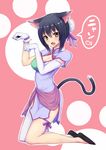  :d animal_ears black_hair blush breasts brown_eyes cat_ears cat_tail coupe50 elbow_gloves gloves hair_bun looking_at_viewer medium_breasts open_mouth revision shaomei_rin shining_(series) shining_hearts short_hair single_elbow_glove single_glove single_thighhigh smile solo speech_bubble tail thighhighs white_legwear 