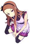  absurdres black_legwear brown_hair dress forehead from_above frown hairband highres idolmaster idolmaster_(classic) idolmaster_2 kuroboshi_kouhaku long_hair looking_up minase_iori open_mouth purple_eyes simple_background sitting solo thighhighs white_background yokozuwari 
