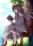  amatsuki_hotaru bench blush book bow crescent dress hair_bow high_heels highres long_hair patchouli_knowledge purple_hair red_eyes ribbon shoes sitting smile solo touhou 