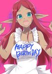  :d apron aqua_eyes bare_shoulders blush borrowed_character breasts dark_skin elf happy_birthday large_breasts long_hair long_pointy_ears maid-chan_(maze) open_mouth original pink_background pochi_(pochi-goya) pointy_ears red_hair smile solo 