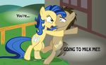  big_breasts blue_eyes breasts brown_fur brown_hair cutie_mark doctor_whooves_(mlp) duo english_text equine female feral friendship_is_magic fur green_eyes hair horse lactating male mammal milky_way_(character) my_little_pony nipples pony teats text time_turner_(mlp) two_tone_hair yellow_fur 