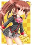  ahoge blush bow brown_eyes brown_hair highres isa_(ni-iro) little_busters! long_hair looking_at_viewer natsume_rin pink_bow plaid plaid_skirt ponytail school_uniform skirt solo 