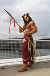  biceps clothed clothing cosplay feline half-dressed human lion looking_at_viewer lyonlover male mammal muscles outside pecs photo polearm real spear topless warrior 