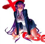  absurdres female highres hizaki_chikage kneeling long_hair official_art purple_eyes satou_shouji smile solo triage_x 