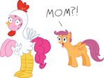  avian bird chicken costume cub cute dialog duo english_text equine female feral friendship_is_magic hi_res horse humor mammal my_little_pony ohmyani pegasus pinkie_pie_(mlp) plain_background pony scootaloo_(mlp) smile text white_background wings young 