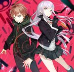  1girl braid brown_hair bunkyo_takemi danganronpa danganronpa_1 gloves green_eyes jacket kirigiri_kyouko lavender_hair md5_mismatch naegi_makoto purple_eyes skirt 