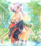  from_behind hair_ornament light_rays looking_back mayo_riyo off_shoulder partially_submerged short_hair_with_long_locks sidelocks solo sunbeam sunlight swimsuit thighhighs undressing vocaloid voiceroid wading water yuzuki_yukari 