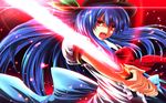  blue_hair bow hat highres hinanawi_tenshi lights long_hair looking_at_viewer nekominase open_mouth puffy_sleeves red_eyes ribbon short_sleeves smile solo sword_of_hisou touhou upper_body very_long_hair wind 