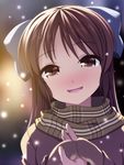  :d backlighting blush bow brown_eyes brown_hair hair_bow head_tilt holding_hands idolmaster idolmaster_cinderella_girls long_hair mittens open_mouth out_of_frame plaid plaid_scarf pov pov_hands scarf smile snowing solo_focus tachibana_arisu totokichi 