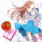  apple bad_id bad_pixiv_id blush brown_hair food fruit highres long_hair mawaru_penguindrum penguin_3-gou purple_eyes revision skirt takakura_himari umeboshitora 