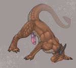  all_fours ass_up barbs brown_body brown_eyes brown_skin claws cum dragon erection grey_background horn knot male nude orange_eyes penis plain_background precum scalie simple_background solo teeth tojo_the_thief tongue tongue_out white_skin 