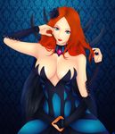  belt blue_eyes breasts cape empath_(hon) feathers flower hair_ornament heroes_of_newerth highres khalitzburg large_breasts red_hair rose solo 