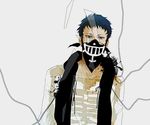  bandanna blot blue_eyes blue_hair broken_glass earrings glass hat hat_removed headwear_removed jewelry jolly_roger looking_at_viewer lowres male male_focus one_piece pirate ribcage ribs scarf simple_background skeletal_print skeletal_shirt skeleton solo trafalgar_law wire 