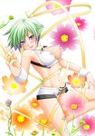  aquarion_(series) aquarion_evol bad_id bad_pixiv_id bare_shoulders breasts cleavage cleavage_cutout covered_nipples flower green_hair highres large_breasts looking_at_viewer midriff multicolored_hair navel purple_eyes revealing_clothes ribbon short_hair short_shorts shorts smile solo thigh_gap wrist_cuffs zessica_wong 