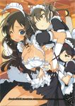  ;d ;o amaro_(magazine) anger_vein apron artist_name black_hair blue_eyes blush breasts bridal_gauntlets brown_eyes brown_hair character_request cleavage hand_on_own_chest headwear_removed highres holding holding_hands large_breasts long_hair magazine_scan maid maid_headdress multiple_girls one_eye_closed open_mouth scan scan_artifacts skirt smile tan tanline tickling translated twintails yaegashi_nan 