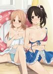  2girls :o bikini black_hair blush breasts brown_eyes brown_hair collarbone hair_ornament innertube large_breasts long_hair looking_at_viewer medium_breasts miyamoto_konatsu multiple_girls nipples okita_sawa side_ponytail sitting skirt swimsuit tari_tari wardrobe_malfunction 