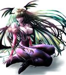  absurdres animal_print aqua_hair auge_(akd) bare_shoulders bat_print bat_wings boots breasts cleavage demon_girl head_wings high_heels highleg highleg_leotard highres large_breasts leotard long_hair morrigan_aensland pantyhose print_legwear revision shoes solo succubus vampire_(game) very_long_hair wings yellow_eyes 