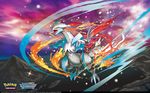  artist_request dragon fangs fire gen_5_pokemon highres ice kyurem looking_at_viewer mountain nintendo no_humans official_art open_mouth pokemon pokemon_(creature) pokemon_trading_card_game sky solo tongue wallpaper watermark white_kyurem yellow_sclera 