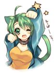  ;d ahoge animal_ears blush cat_ears cat_tail collarbone enomoto_hina green_eyes green_hair one_eye_closed open_mouth original paw_pose sharon_(dodomayo) short_hair smile solo star tail translated white_background 