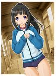  black_hair buruma chitanda_eru gym_uniform haru_kanata hyouka jacket long_hair ponytail purple_eyes solo track_jacket 