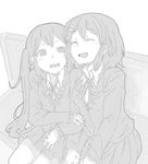  blush closed_eyes greyscale hirasawa_yui k-on! kuzu_kow long_hair monochrome multiple_girls nakano_azusa open_mouth sakuragaoka_high_school_uniform school_uniform short_hair skirt smile 