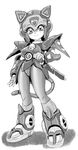  animal_helmet armor bell bell_collar bodysuit cat_ears cat_tail collar greyscale helmet kyatto_ninden_teyandee mecha_musume monochrome no_humans pantyhose pauldrons pururun sheath sheathed slender_waist smile solo sword tail takeshi_aono weapon 