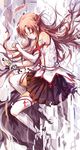  asuna_(sao) brown_hair character_name closed_eyes detached_sleeves long_hair long_legs qianshuhao skirt solo sword sword_art_online thighhighs weapon white_legwear 