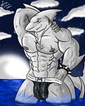  abs anthro biceps big_muscles bulge fish great_white_shark grin handsome hemipenes jockstrap male marine markshark multi_cock muscles necklace night nipples pecs penis piercing saixyuniz-xynz sea shark sky solo underwear vein veins water wet wristband 