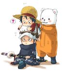  2boys bear bepo black_hair chibi gloves hat head_perch jacket jolly_roger jumpsuit lowres male male_focus monkey_d_luffy multiple_boys nodachi one_piece pirate rope scabbard scar sheath sheathed sheathed_sword simple_background straw_hat trafalgar_law 