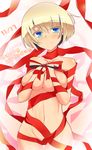  blonde_hair blue_eyes breast_squeeze breasts highres large_breasts nadare-san_(nadare3nwm) naked_ribbon navel phalanx_(sekaiju) ribbon sekaiju_no_meikyuu sekaiju_no_meikyuu_3 short_hair smile solo thigh_gap 