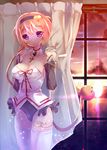  alternate_costume bad_anatomy breasts bridal_gauntlets cleavage cloud cross cross_necklace curtains eyeball fukuda_shuushi hairband heart highres jewelry komeiji_satori medium_breasts necklace ocean open_mouth pink_hair purple_eyes short_hair sky solo sunset thighhighs third_eye touhou white_legwear window 