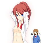  arms_up blue_eyes breasts brown_hair long_hair looking_at_viewer lowres mechazinaida medium_breasts mizusawa_(power_pocket) multiple_girls naked_shirt open_clothes open_shirt power_pro_kun_pocket power_pro_kun_pocket_10 red_hair shinjou_shian shirt simple_background sporty_eyes white_background 