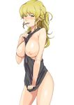  between_breasts black_shirt blonde_hair blush bolt bottomless breasts breasts_outside freckles green_eyes gundam jack_hamster kay_nimrod large_breasts looking_at_viewer mouth_hold nipples sd_gundam sd_gundam_g-generation shirt shirt_tug solo teasing white_background 