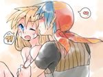  1girl bandana blonde_hair blue_eyes blue_hair blush chrono_cross couple facial_mark heart hetero hug kid_(chrono_cross) kiss long_hair mihoka serge smile tank_top 