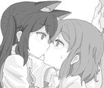  animal_ears blush cat_ears extra_ears eye_contact greyscale hirasawa_yui k-on! kiss kuzu_kow long_hair looking_at_another monochrome multiple_girls nakano_azusa short_hair simple_background white_background yuri 