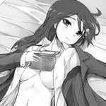  breasts dress_shirt greyscale large_breasts long_hair looking_at_viewer lying mechazinaida monochrome nozaki_iori on_back open_clothes open_shirt power_pro_kun_pocket power_pro_kun_pocket_9 shirt solo 