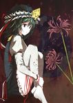  :&lt; blue_eyes expressionless flower green_hair hat kuronuko_neero leg_hug legs revision ribbon shiki_eiki short_hair sitting solo spider_lily thighhighs touhou 