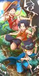  3boys bandage black_hair blonde_hair brothers east_blue freckles hat jolly_roger lizard male male_focus monkey_d_luffy multiple_boys nyuu_men one_piece outdoors pirate_flag plant plants pole portgas_d_ace sabo_(one_piece) sandals shorts siblings straw_hat top_hat torn_clothes young younger 