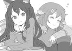  animal_ears cat_ears closed_eyes dog_ears greyscale hirasawa_yui k-on! kemonomimi_mode kuzu_kow long_hair monochrome multiple_girls nakano_azusa school_uniform serafuku short_hair 